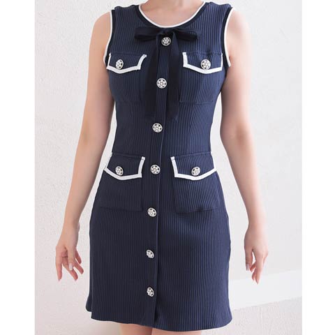 2/19新作![Andy]ノースリーブバイカラーリボンビジューボタンタイトミニ丈キャバドレス[AN-OK2757](ネイビー×ホワイト-Sサイズ)