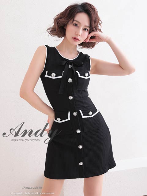 2/19新作![Andy]ノースリーブバイカラーリボンビジューボタンタイトミニ丈キャバドレス[AN-OK2757]