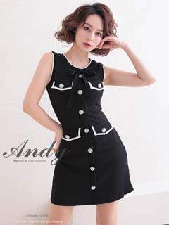 2/19新作![Andy]ノースリーブバイカラーリボンビジューボタンタイトミニ丈キャバドレス[AN-OK2757]