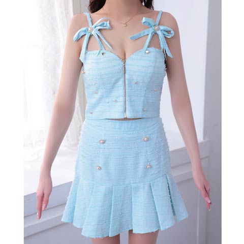 2/19新作![an]リボンキャミソールハートパールボタンプリーツAラインミニ丈セットアップ[AOC-3837](ブルー-Sサイズ)