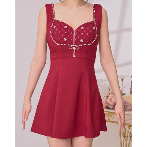 2/26新作!【今だけポイント20倍】[an]バストリボンビジューファスナーAラインミニ丈キャバドレス[AOC-4070](レッド-XSサイズ)