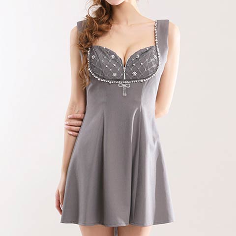 3/4再販!【新色グレー追加】【今だけポイント20倍】[an]バストリボンビジューファスナーAラインミニ丈キャバドレス[AOC-4070](グレー-XSサイズ)
