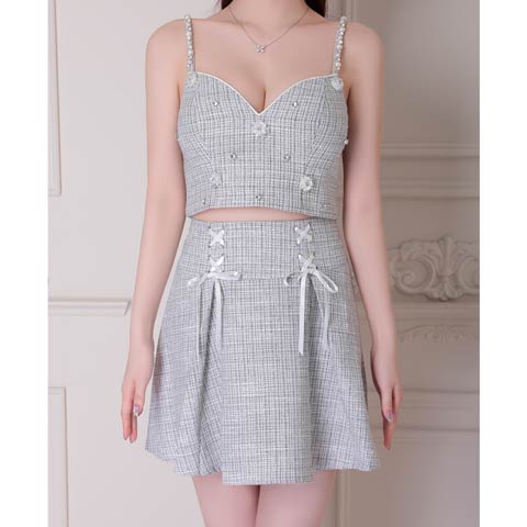 2/26新作!【今だけポイント20倍】[an]ツイードパールビジューレースアップAラインミニ丈セットアップキャバドレス[AOC-3877](ブラック-XSサイズ)