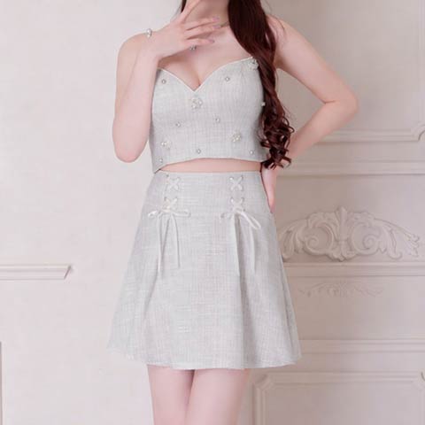 2/26新作!【今だけポイント20倍】[an]ツイードパールビジューレースアップAラインミニ丈セットアップキャバドレス[AOC-3877](ライトグレー-XSサイズ)
