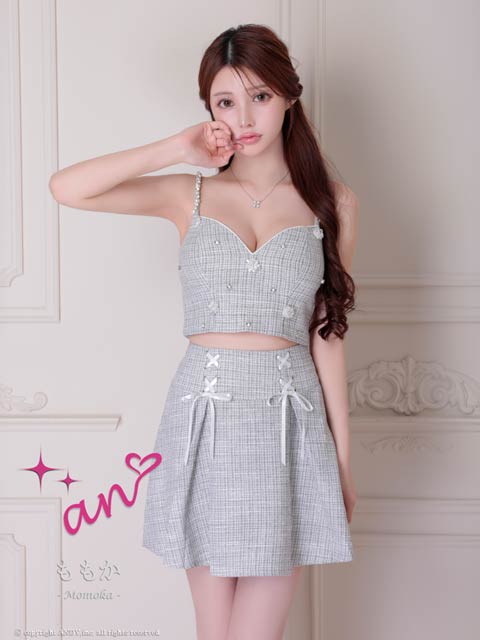 3/4再販!【今だけポイント20倍】[an]ツイードパールビジューレースアップAラインミニ丈セットアップキャバドレス[AOC-3877]