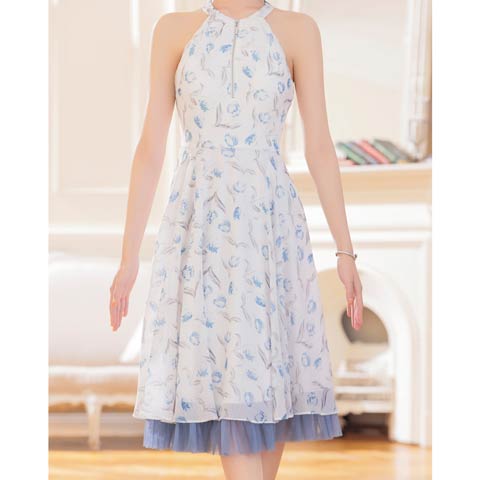 2/26新作!【今だけポイント20倍】[an]フロントジップ水彩フラワーホルターネックAライン膝丈キャバドレス[AOC-4085](ブルー-Sサイズ)