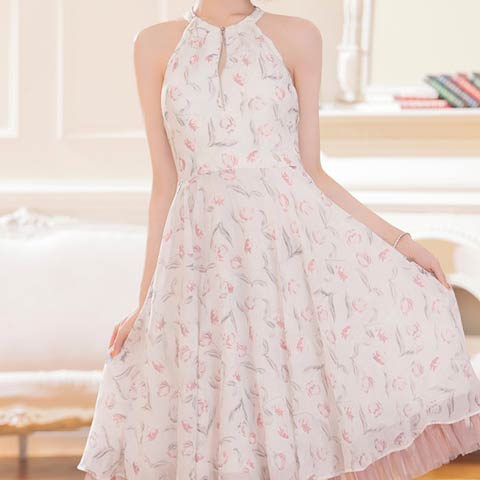 2/26新作!【今だけポイント20倍】[an]フロントジップ水彩フラワーホルターネックAライン膝丈キャバドレス[AOC-4085](ピンク-Sサイズ)