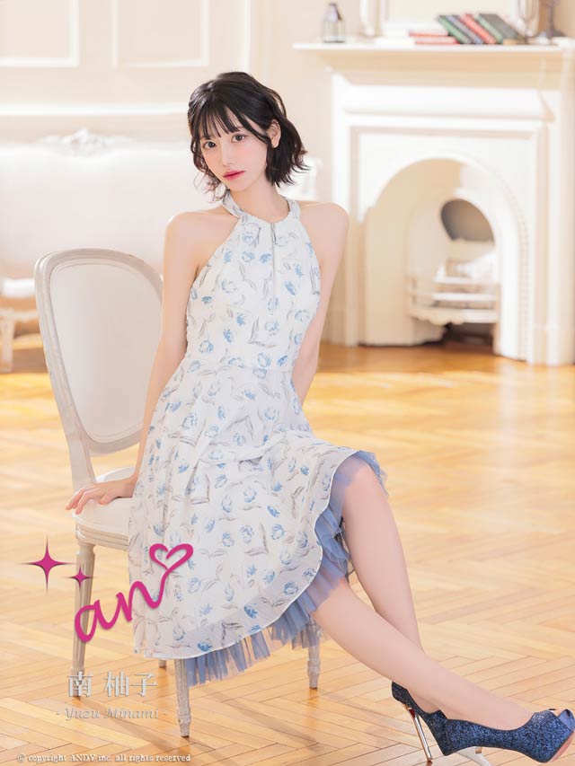 2/26新作!【今だけポイント20倍】[an]フロントジップ水彩フラワーホルターネックAライン膝丈キャバドレス[AOC-4085]