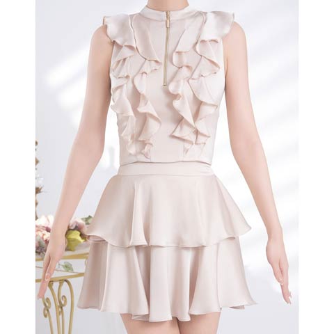 2/26新作!【今だけポイント20倍】[an]ラッフルフリルティアードAラインミニ丈セットアップキャバドレス[AOC-4088](ベージュ-XSサイズ)