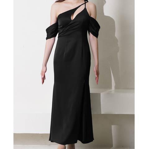 2/26新作!【今だけポイント20倍】[Andy]アシンメトリーカットアウトタイトロング丈キャバドレス[AN-ON2993](ブラック-Sサイズ)