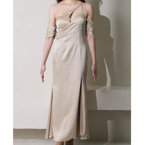 2/26新作!【今だけポイント20倍】[Andy]アシンメトリーカットアウトタイトロング丈キャバドレス[AN-ON2993](ベージュ-Sサイズ)