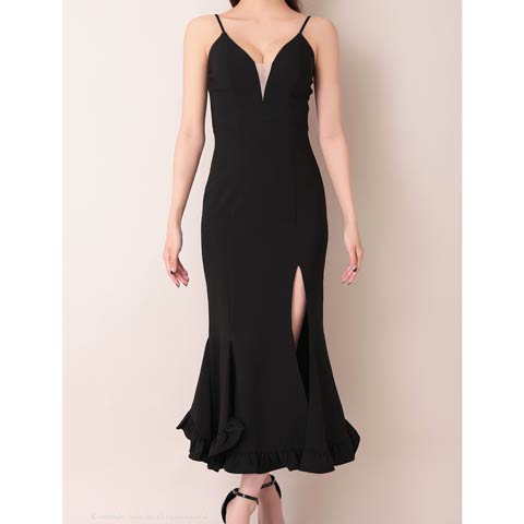 2/26新作!【今だけポイント20倍】[Andy]Vカットスリットフリルマーメイドミモレ丈キャバドレス[AN-ON2959](ブラック-Sサイズ)