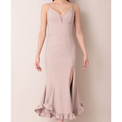 2/26新作!【今だけポイント20倍】[Andy]Vカットスリットフリルマーメイドミモレ丈キャバドレス[AN-ON2959](ベージュ-Sサイズ)