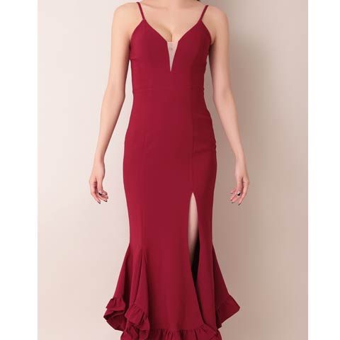 2/26新作!【今だけポイント20倍】[Andy]Vカットスリットフリルマーメイドミモレ丈キャバドレス[AN-ON2959](レッド-Sサイズ)