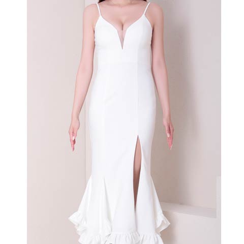 2/26新作!【今だけポイント20倍】[Andy]Vカットスリットフリルマーメイドミモレ丈キャバドレス[AN-ON2959](ホワイト-Sサイズ)