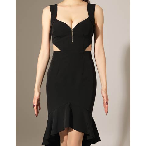 2/26新作!【今だけポイント20倍】[Andy]カットアウターファスナーフレアテールミニ丈キャバドレス[AN-ON3029](ブラック-Sサイズ)