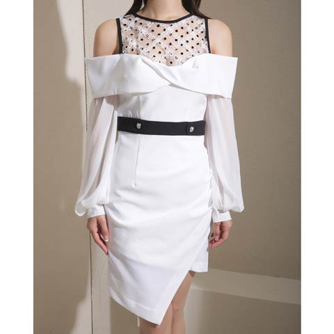 2/26新作!【今だけポイント20倍】[Andy]シアードットチェックオフショルタイトミニ丈キャバドレス[AN-ON2936](ホワイト-Sサイズ)