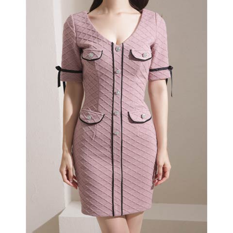 2/26新作!【今だけポイント20倍】[Andy]パイピングチェックリボン袖タイトミニ丈キャバドレス[AN-ON2956](ピンク-Sサイズ)