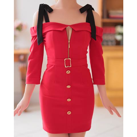 3/5新作![Andy]オフショルリボンフロントジップベルトモチーフ七分袖タイトミニ丈キャバドレス[AN-ON2870](レッド×ブラック-XSサイズ)