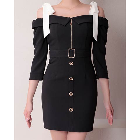 3/5新作![Andy]オフショルリボンフロントジップベルトモチーフ七分袖タイトミニ丈キャバドレス[AN-ON2870](ブラック×ホワイト-XSサイズ)