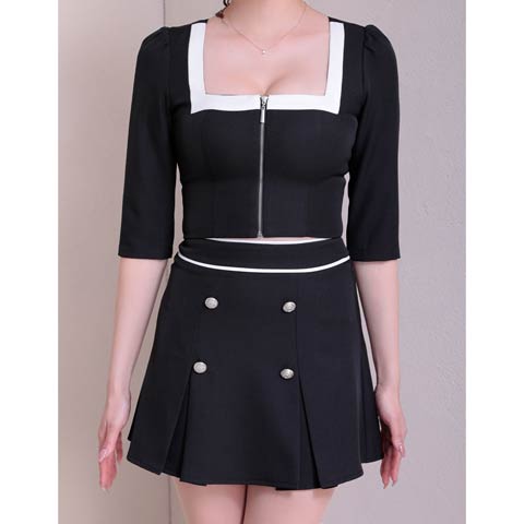 3/5新作![Andy]バイカラースクエアネック胸元ジップ七分袖プリーツAラインミニ丈セットアップ[AN-ON2921](ブラック×ホワイト-XSサイズ)