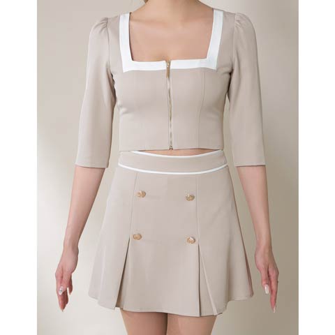 3/5新作![Andy]バイカラースクエアネック胸元ジップ七分袖プリーツAラインミニ丈セットアップ[AN-ON2921](ベージュ×ホワイト-XSサイズ)