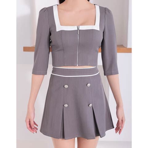 3/5新作![Andy]バイカラースクエアネック胸元ジップ七分袖プリーツAラインミニ丈セットアップ[AN-ON2921](グレー×ホワイト-XSサイズ)