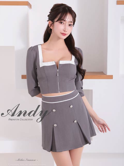 3/5新作![Andy]バイカラースクエアネック胸元ジップ七分袖プリーツAラインミニ丈セットアップ[AN-ON2921]
