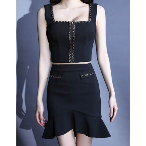 3/5新作![Andy]ノースリーブスクエアネックジップチェーンマーメイドミニ丈セットアップ[AN-ON3026](ブラック-Sサイズ)
