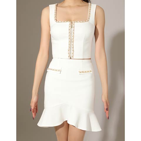 3/5新作![Andy]ノースリーブスクエアネックジップチェーンマーメイドミニ丈セットアップ[AN-ON3026](ホワイト-Sサイズ)