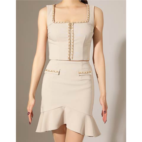3/5新作![Andy]ノースリーブスクエアネックジップチェーンマーメイドミニ丈セットアップ[AN-ON3026](ベージュ-Sサイズ)