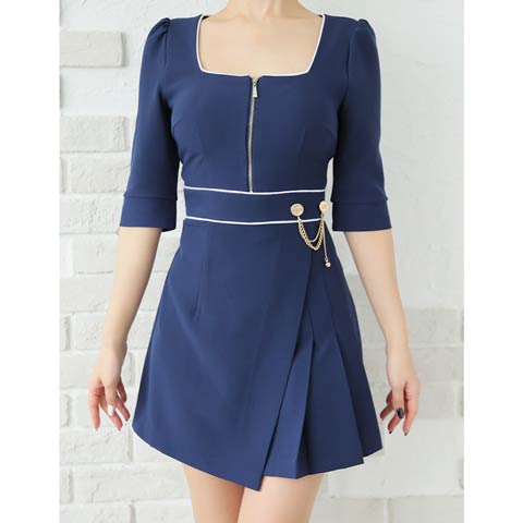 3/5新作![Andy]パイピングジップウエストチェーン七分袖プリーツAラインミニ丈キャバドレス[AN-ON2823](ネイビー×ホワイト-XSサイズ)