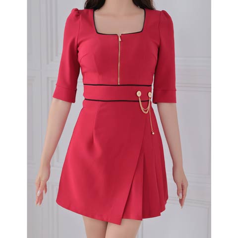 3/5新作![Andy]パイピングジップウエストチェーン七分袖プリーツAラインミニ丈キャバドレス[AN-ON2823](レッド×ブラック-XSサイズ)