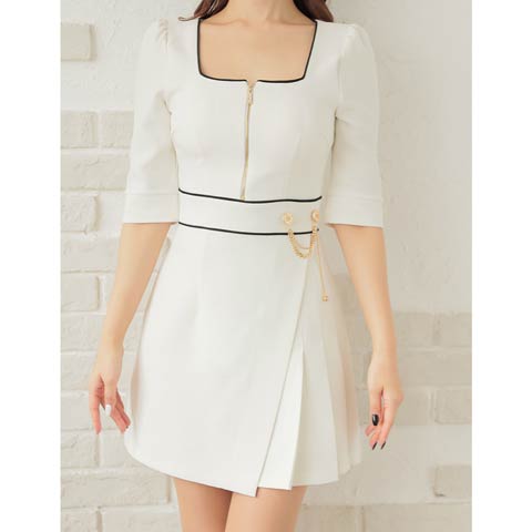 3/5新作![Andy]パイピングジップウエストチェーン七分袖プリーツAラインミニ丈キャバドレス[AN-ON2823](ホワイト×ブラック-XSサイズ)