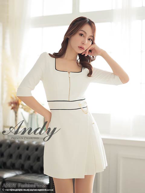 3/5新作![Andy]パイピングジップウエストチェーン七分袖プリーツAラインミニ丈キャバドレス[AN-ON2823]