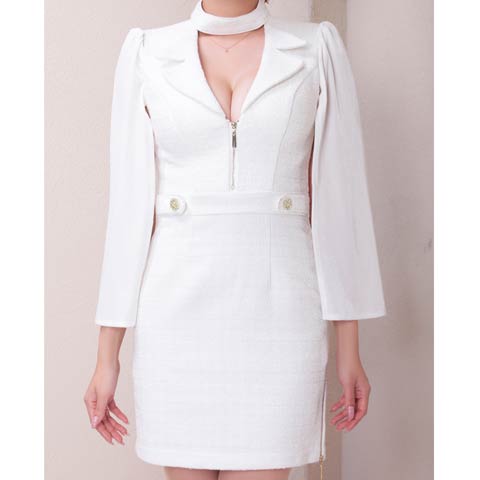 3/5新作![Andy]2wayスリット袖ツイード襟付きジップタイトミニ丈キャバドレス[AN-ON3017](ホワイト-Sサイズ)