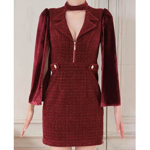 3/5新作![Andy]2wayスリット袖ツイード襟付きジップタイトミニ丈キャバドレス[AN-ON3017](ワインレッド-Sサイズ)
