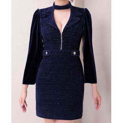 3/5新作![Andy]2wayスリット袖ツイード襟付きジップタイトミニ丈キャバドレス[AN-ON3017](ネイビー-Sサイズ)
