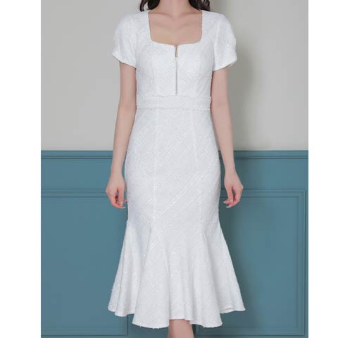 3/5新作![Andy]チェック柄ラメツイードフロントジップ半袖マーメイドロング丈キャバドレス[AN-ON3037](ホワイト-Sサイズ)