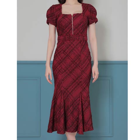 3/5新作![Andy]チェック柄ラメツイードフロントジップ半袖マーメイドロング丈キャバドレス[AN-ON3037](ワインレッド-Sサイズ)