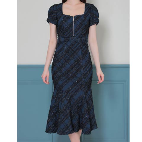 3/5新作![Andy]チェック柄ラメツイードフロントジップ半袖マーメイドロング丈キャバドレス[AN-ON3037](ネイビー-Sサイズ)