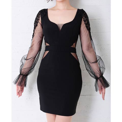 3/5新作![Andy]ワンカラーウエストシアーロングスリーブタイトミニ丈キャバドレス[AN-OK2717](ブラック-Sサイズ)