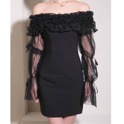 3/5新作![Andy]2wayシアーリボン袖付きオフショルフリルタイトミニ丈キャバドレス[AN-ON2954](ブラック-Sサイズ)