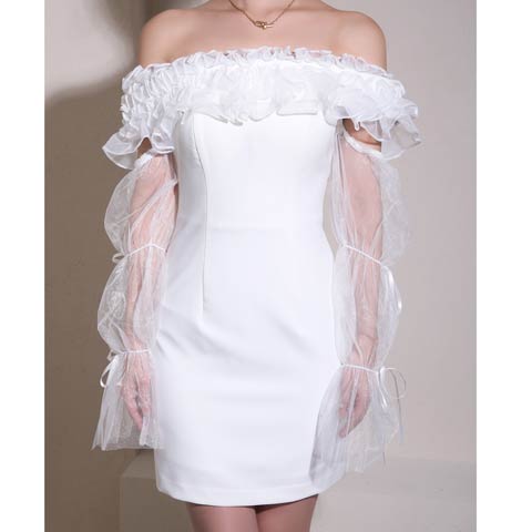 3/5新作![Andy]2wayシアーリボン袖付きオフショルフリルタイトミニ丈キャバドレス[AN-ON2954](ホワイト-Sサイズ)