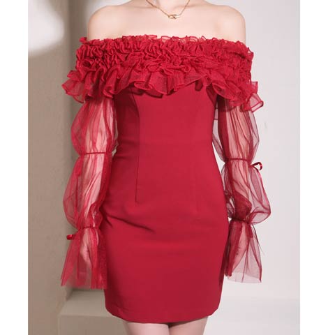 3/5新作![Andy]2wayシアーリボン袖付きオフショルフリルタイトミニ丈キャバドレス[AN-ON2954](レッド-Sサイズ)