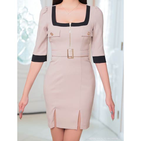 3/5新作![Andy]バイカラージップベルトモチーフ七分袖スリットタイトミニ丈キャバドレス[AN-ON2892](ベージュ×ブラック-XSサイズ)