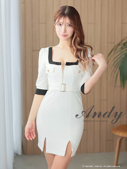 3/5新作![Andy]バイカラージップベルトモチーフ七分袖スリットタイトミニ丈キャバドレス[AN-ON2892]