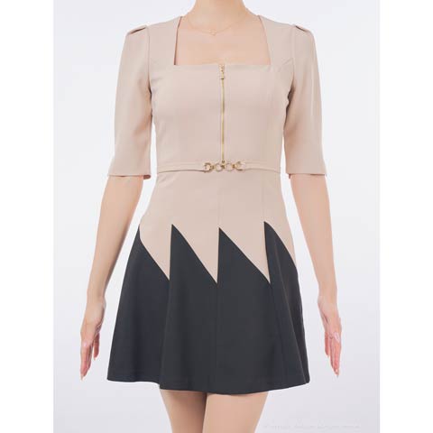 3/5新作![Andy]フロントジップバイカラーベルトモチーフ五分袖Aラインミニ丈キャバドレス[AN-OK3006](ブラック×ホワイト-XSサイズ)