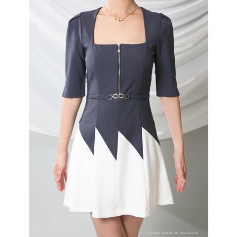 3/5新作![Andy]フロントジップバイカラーベルトモチーフ五分袖Aラインミニ丈キャバドレス[AN-OK3006](ベージュ×ブラック-XSサイズ)