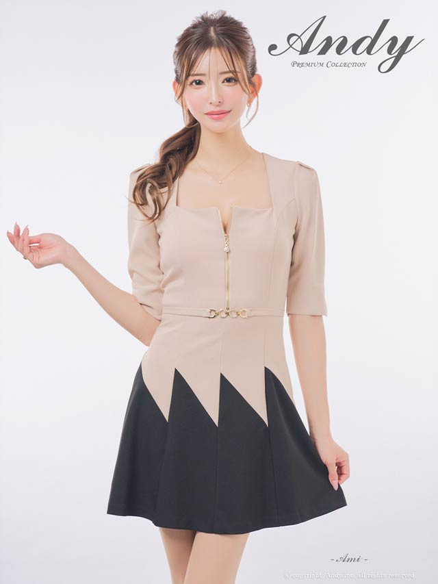 3/5新作![Andy]フロントジップバイカラーベルトモチーフ五分袖Aラインミニ丈キャバドレス[AN-OK3006]